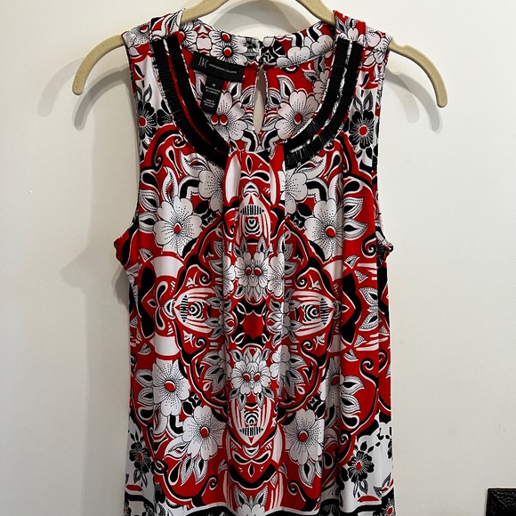INC International Concepts Beaded Red/Black/White Print Tank Top-M - Picture 1 of 6